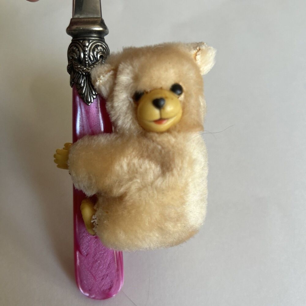 Vintage Mini Plush Brown Teddy Bear w/Turning Head Clip On Pencil Hugger 1980s